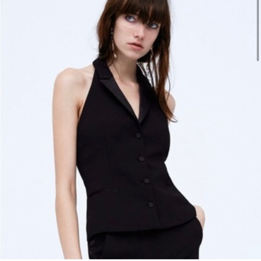 ZARA Black Halter Neck Tuxedo Vest Large